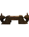 Brown teak wood architectural element with intricate carved details, shown as a unique decor piece.