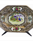 White porcelain octagonal tray with gold filigree, hand painted, on display stand, 14"x10", good condition.