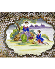 White porcelain tray with hand painted scene of a woman seated outdoors and a child kneeling with an apple, 14"x10.