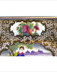 Close-up of multicolor porcelain tray with floral pattern, gold filigree, and woman in dress, hand painted, 14" x 10".