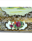 White porcelain tray with gold filigree and pink, red, yellow flowers, 14 x 10 inches.