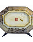 Close-up of gold and black hand painted China porcelain tray, 14"x10", with red stamp and Made in China label on stand.