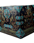 Black lacquer wooden dowry box with hand painted gold dragons, floral designs, and blue accents, close-up view.