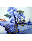Multicolor porcelain Imari Meiji bowl with hand painted landscape and houses, shown with 6 inch box.