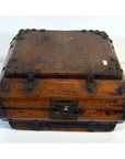Brown wooden Chinese box with iron hardware and latch, displayed on a plain white background.