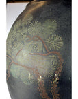Close-up of a gold and brown ceramic vase with abstract tree design and light paint loss, hand painted in Hong Kong.