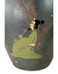 Large hand painted ceramic vase with figure in green robes, cross-legged holding a pipe, Hong Kong style.