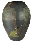 Large hand-painted ceramic vase with paint loss, features man in green robes playing flute under pine tree.