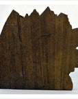 Brown wood hand-carved temple plaque with jagged edges in lion's head shape, close-up, 9.5" x 8.5" x 1".