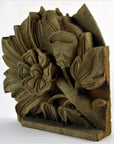 Brown hand-carved wooden temple plaque with floral and leaf design, 9.5"x8.5"x1", close-up view.