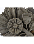 Brown wood plaque with hand-carved floral design, close-up view, measuring 9.5" x 8.5" x 1", good condition.