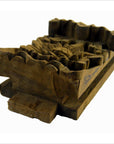Brown wood hand-carved temple plaque, 10.5" block with intricate designs for textile printing, close-up view.