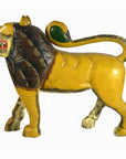 Yellow and brown hand carved wooden lion with open mouth and curled tail, 18"L x 16.5" x 4.5", close-up, good condition.