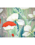 Red silk tapestry with bright red bird, poppies, and green leaves, patterned background, 46x35 inches, slight paint loss.