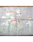 Sheer silk tapestry with white and red flowers, green leaves, and birds, 46"x35", some light paint loss visible.