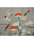Colorful birds on white and orange flowers with green stems, India silk tapestry, 46x35 inches, used condition.