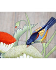 Blue and yellow bird on flowers and green leaves, India silk tapestry, 46x35 inches.