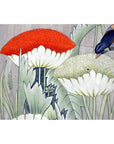 Colorful silk tapestry with bird, red and white flowers, green leaves; 46"x35"; used condition.
