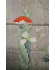 Red and white flower silk tapestry with green leaves on light textured background, used condition.