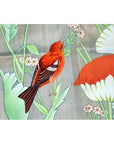 Red silk tapestry with red bird and brown wings on green leaf, surrounded by blooms, light paint loss visible.