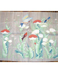 Pale silk tapestry with birds, red and white flowers, and green leaves, used, 46"x35", India.