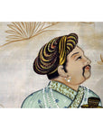 Multicolor silk tapestry showing a regal man in turban and jewelry on detailed floral background, very good condition.