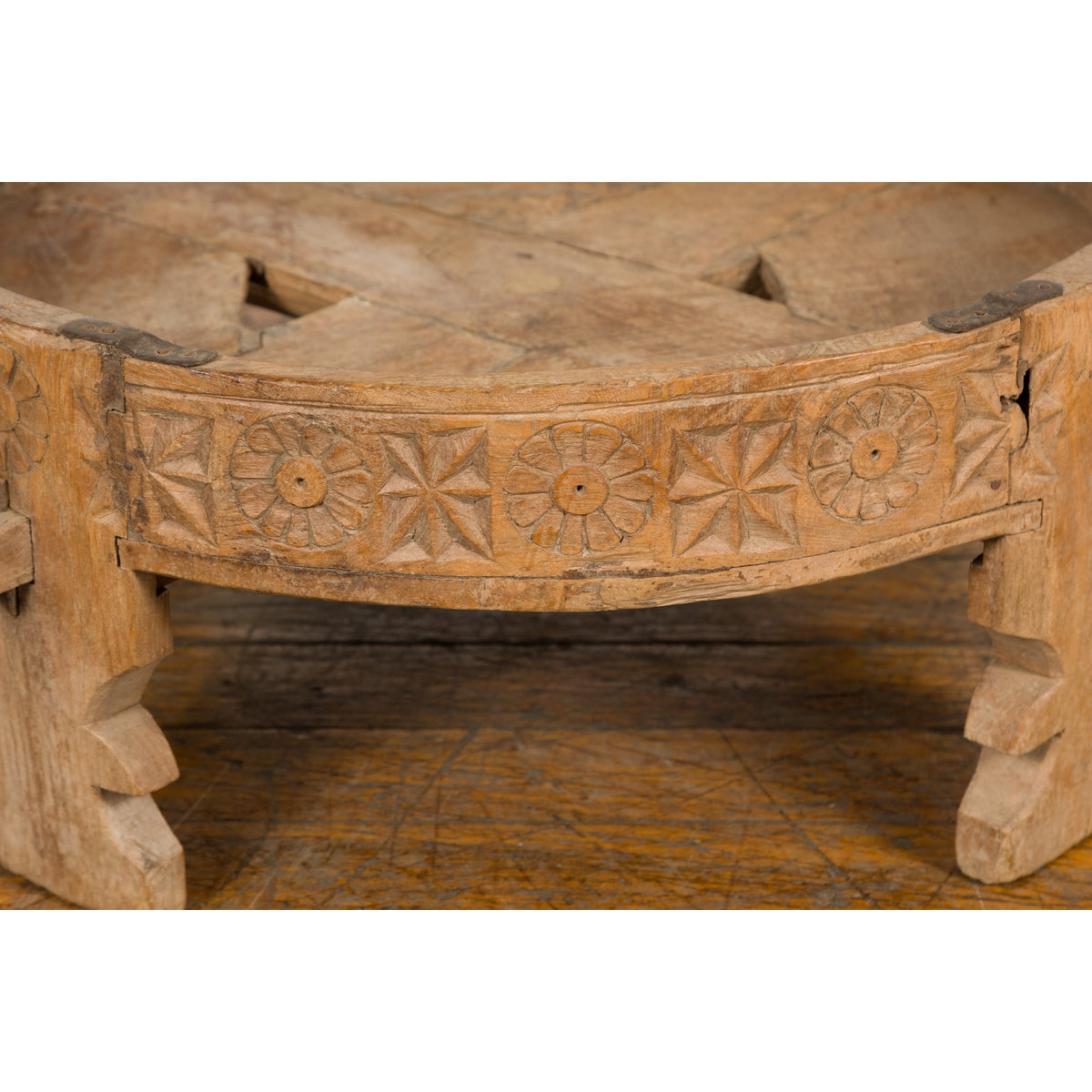 Indian 1920s Teak Chakki Grinding Table with Hand-Carved Geometric Décor-10. Asian & Chinese Furniture, Art, Antiques, Vintage Home Décor for sale at FEA Home