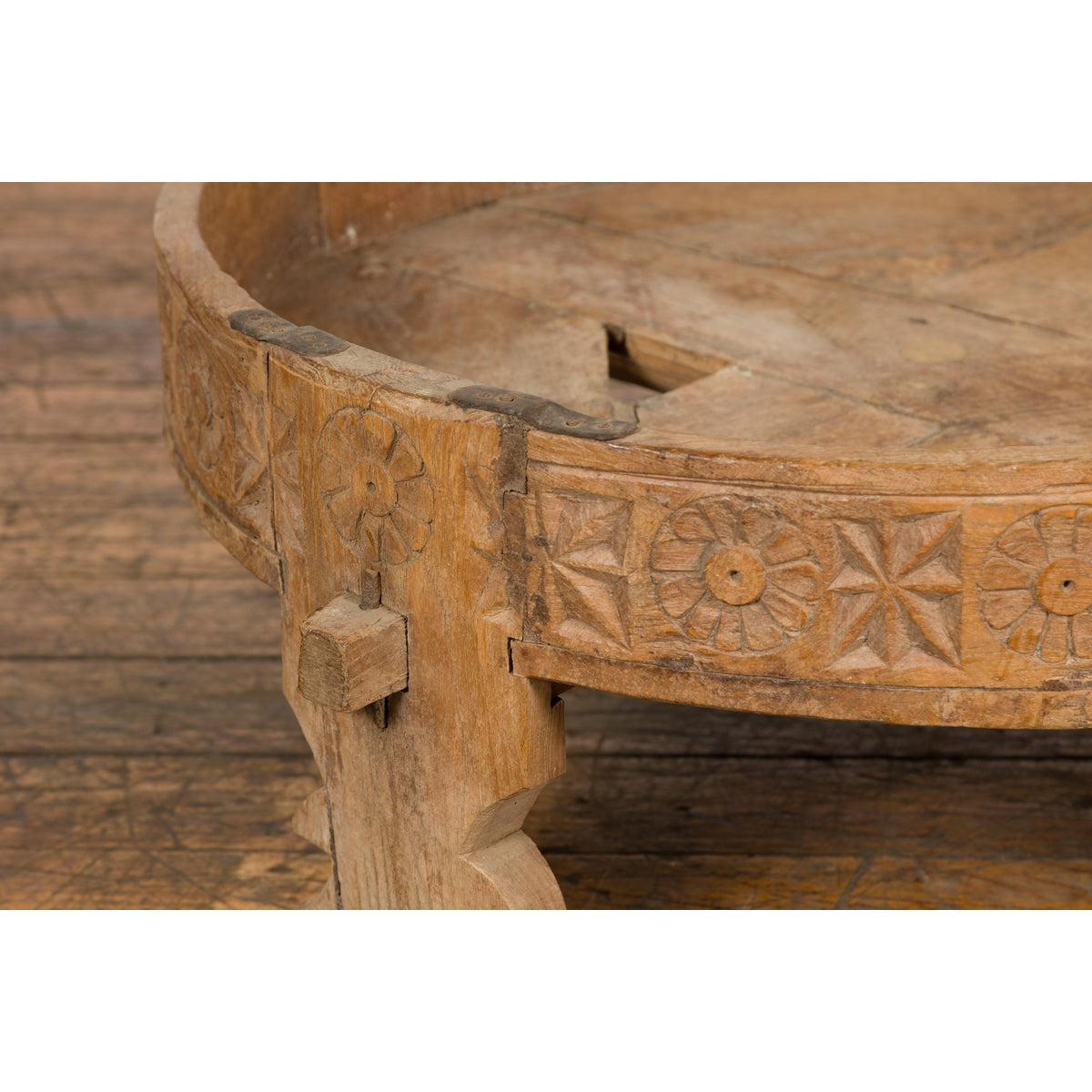 Indian 1920s Teak Chakki Grinding Table with Hand-Carved Geometric Décor-11. Asian & Chinese Furniture, Art, Antiques, Vintage Home Décor for sale at FEA Home