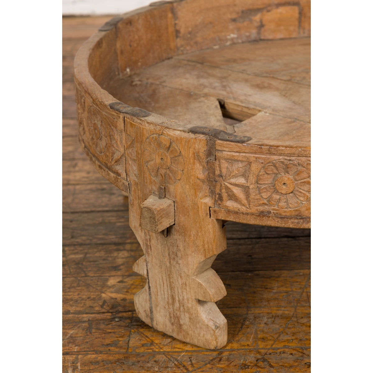 Indian 1920s Teak Chakki Grinding Table with Hand-Carved Geometric Décor-12. Asian & Chinese Furniture, Art, Antiques, Vintage Home Décor for sale at FEA Home