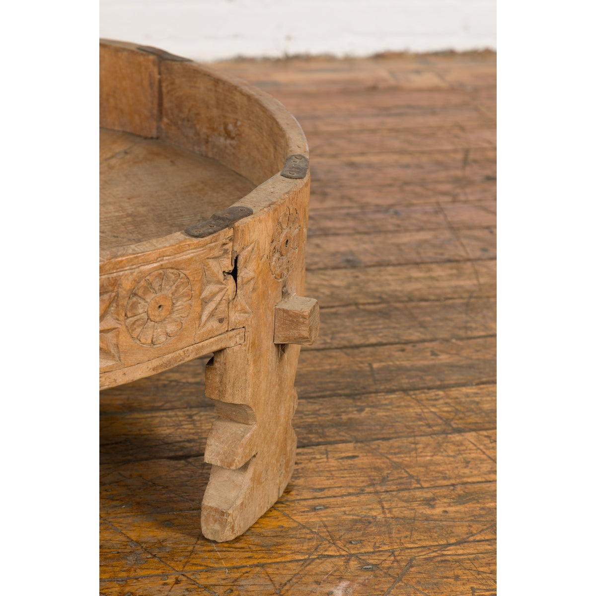 Indian 1920s Teak Chakki Grinding Table with Hand-Carved Geometric Décor-13. Asian & Chinese Furniture, Art, Antiques, Vintage Home Décor for sale at FEA Home