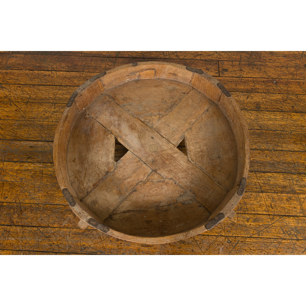 Indian 1920s Teak Chakki Grinding Table with Hand-Carved Geometric Décor-3. Asian & Chinese Furniture, Art, Antiques, Vintage Home Décor for sale at FEA Home