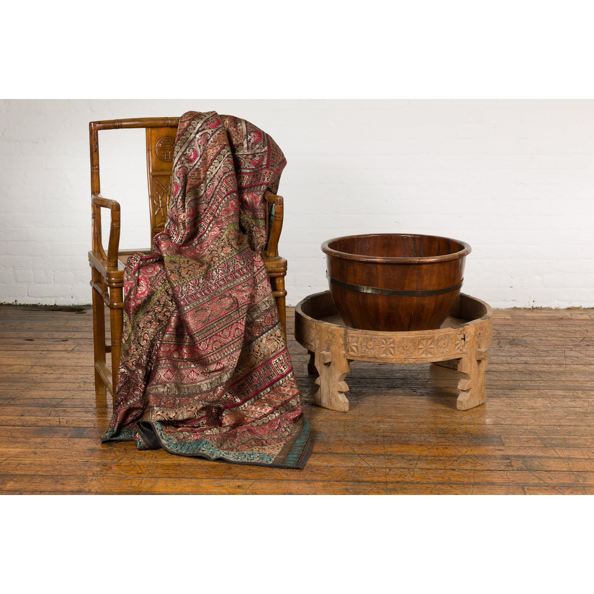 Indian 1920s Teak Chakki Grinding Table with Hand-Carved Geometric Décor-4. Asian & Chinese Furniture, Art, Antiques, Vintage Home Décor for sale at FEA Home