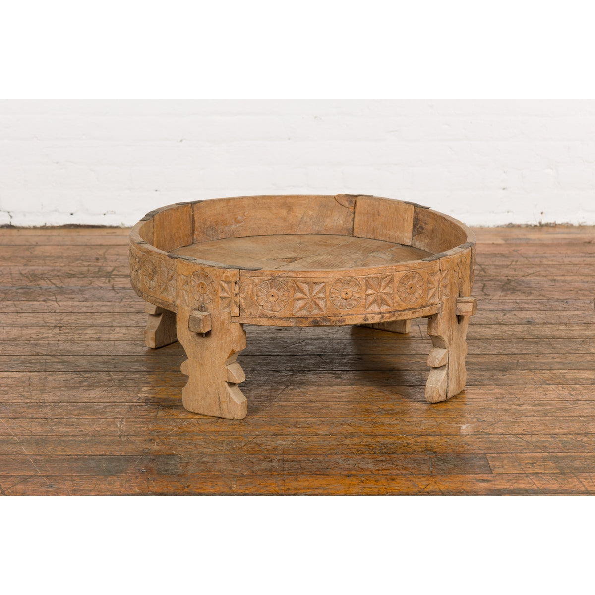 Indian 1920s Teak Chakki Grinding Table with Hand-Carved Geometric Décor-5. Asian & Chinese Furniture, Art, Antiques, Vintage Home Décor for sale at FEA Home