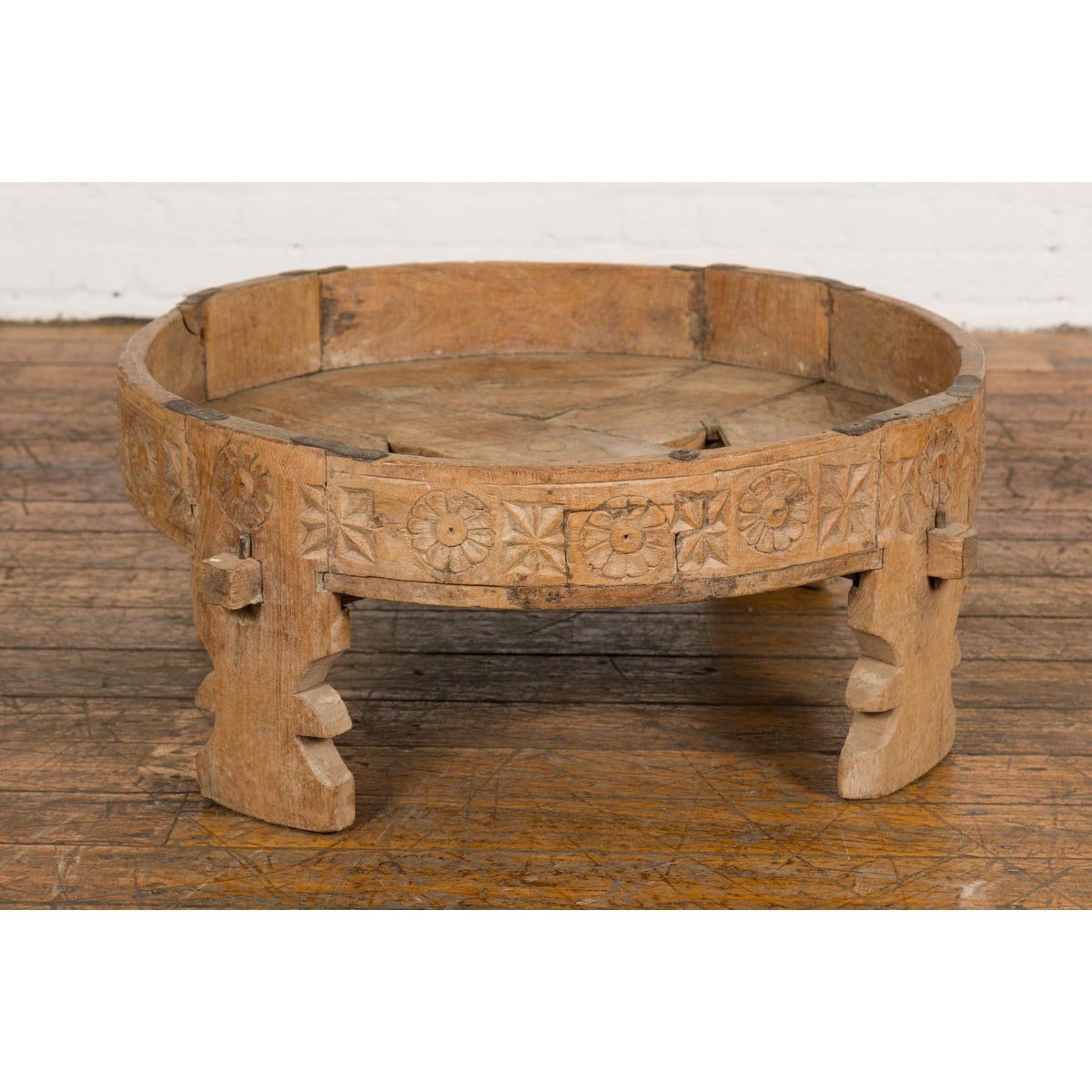 Indian 1920s Teak Chakki Grinding Table with Hand-Carved Geometric Décor-6. Asian & Chinese Furniture, Art, Antiques, Vintage Home Décor for sale at FEA Home