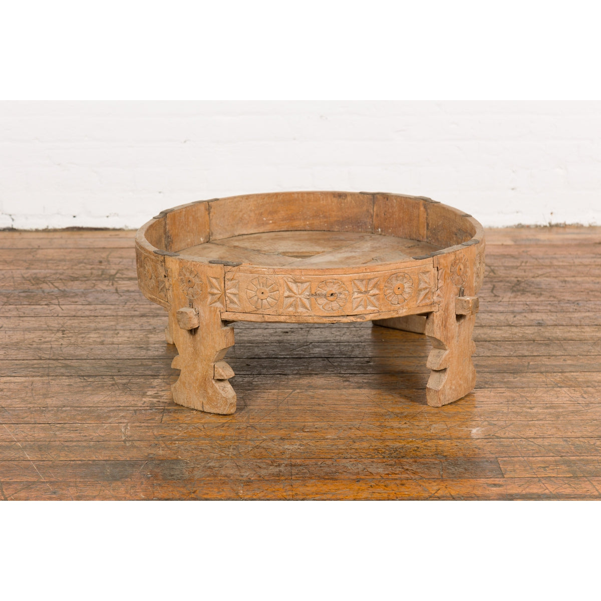 Indian 1920s Teak Chakki Grinding Table with Hand-Carved Geometric Décor-7. Asian & Chinese Furniture, Art, Antiques, Vintage Home Décor for sale at FEA Home