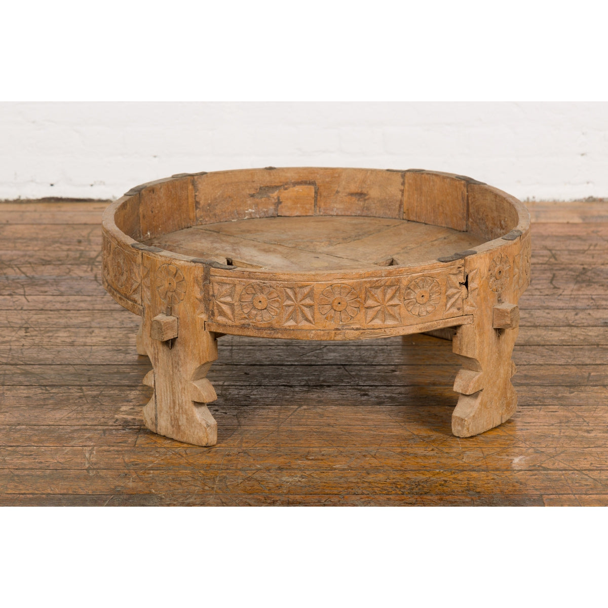 Indian 1920s Teak Chakki Grinding Table with Hand-Carved Geometric Décor-8. Asian & Chinese Furniture, Art, Antiques, Vintage Home Décor for sale at FEA Home