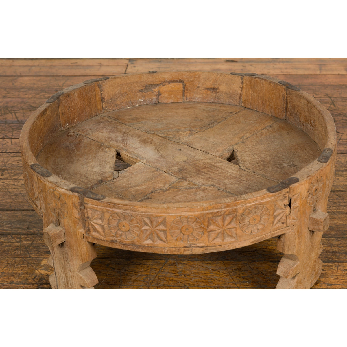 Indian 1920s Teak Chakki Grinding Table with Hand-Carved Geometric Décor-9. Asian & Chinese Furniture, Art, Antiques, Vintage Home Décor for sale at FEA Home