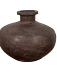 Close-up of a silver-toned 19th-century Indian metal water jar with a generous belly and protruding lip.