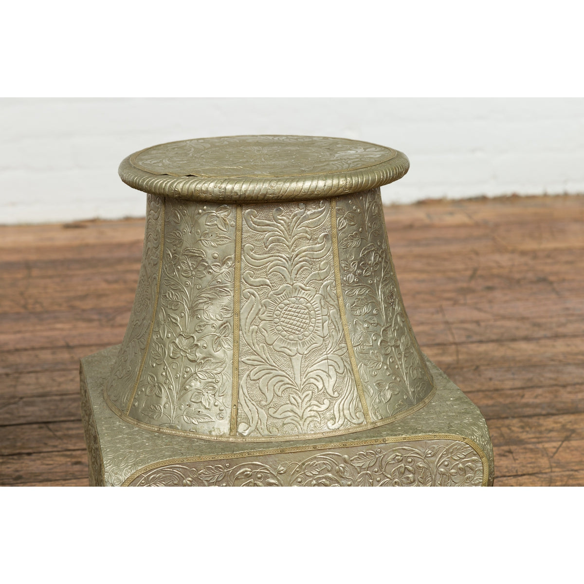 Indian Antique Brass over Wood Capital Stand with Repoussé Floral Scrollwork-10. Asian & Chinese Furniture, Art, Antiques, Vintage Home Décor for sale at FEA Home