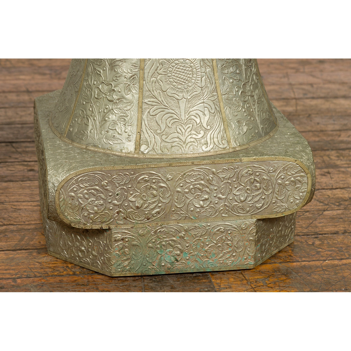 Indian Antique Brass over Wood Capital Stand with Repoussé Floral Scrollwork-11. Asian & Chinese Furniture, Art, Antiques, Vintage Home Décor for sale at FEA Home