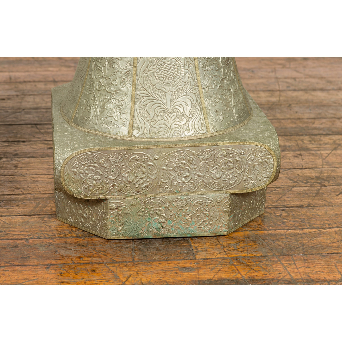 Indian Antique Brass over Wood Capital Stand with Repoussé Floral Scrollwork-14. Asian & Chinese Furniture, Art, Antiques, Vintage Home Décor for sale at FEA Home