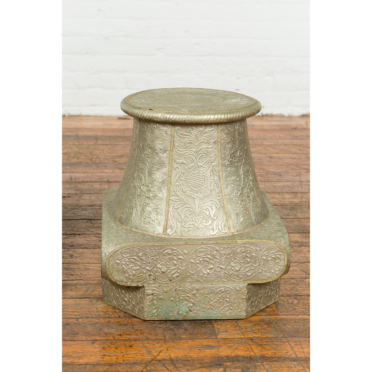 Indian Antique Brass over Wood Capital Stand with Repoussé Floral Scrollwork-15. Asian & Chinese Furniture, Art, Antiques, Vintage Home Décor for sale at FEA Home