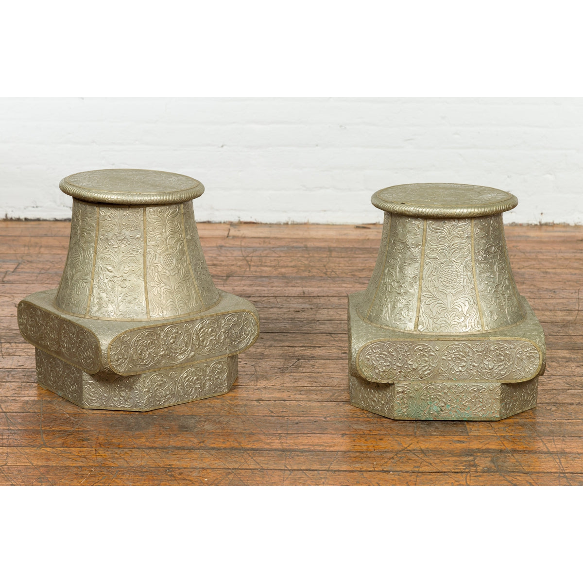 Indian Antique Brass over Wood Capital Stand with Repoussé Floral Scrollwork-16. Asian & Chinese Furniture, Art, Antiques, Vintage Home Décor for sale at FEA Home