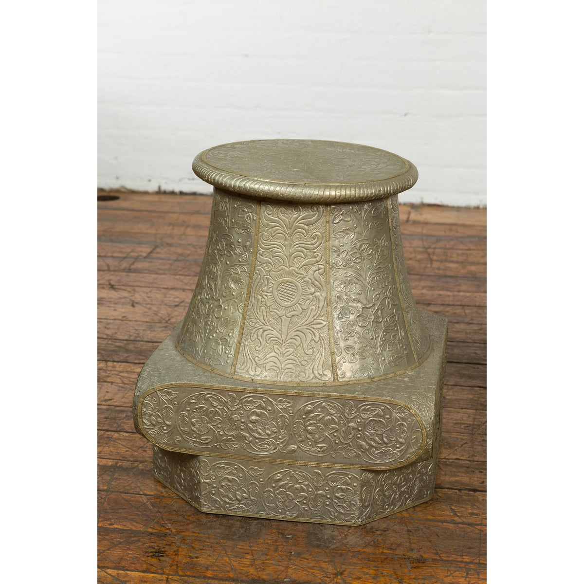 Indian Antique Brass over Wood Capital Stand with Repoussé Floral Scrollwork-5. Asian & Chinese Furniture, Art, Antiques, Vintage Home Décor for sale at FEA Home