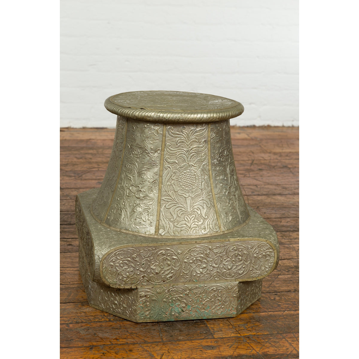 Indian Antique Brass over Wood Capital Stand with Repoussé Floral Scrollwork-7. Asian & Chinese Furniture, Art, Antiques, Vintage Home Décor for sale at FEA Home