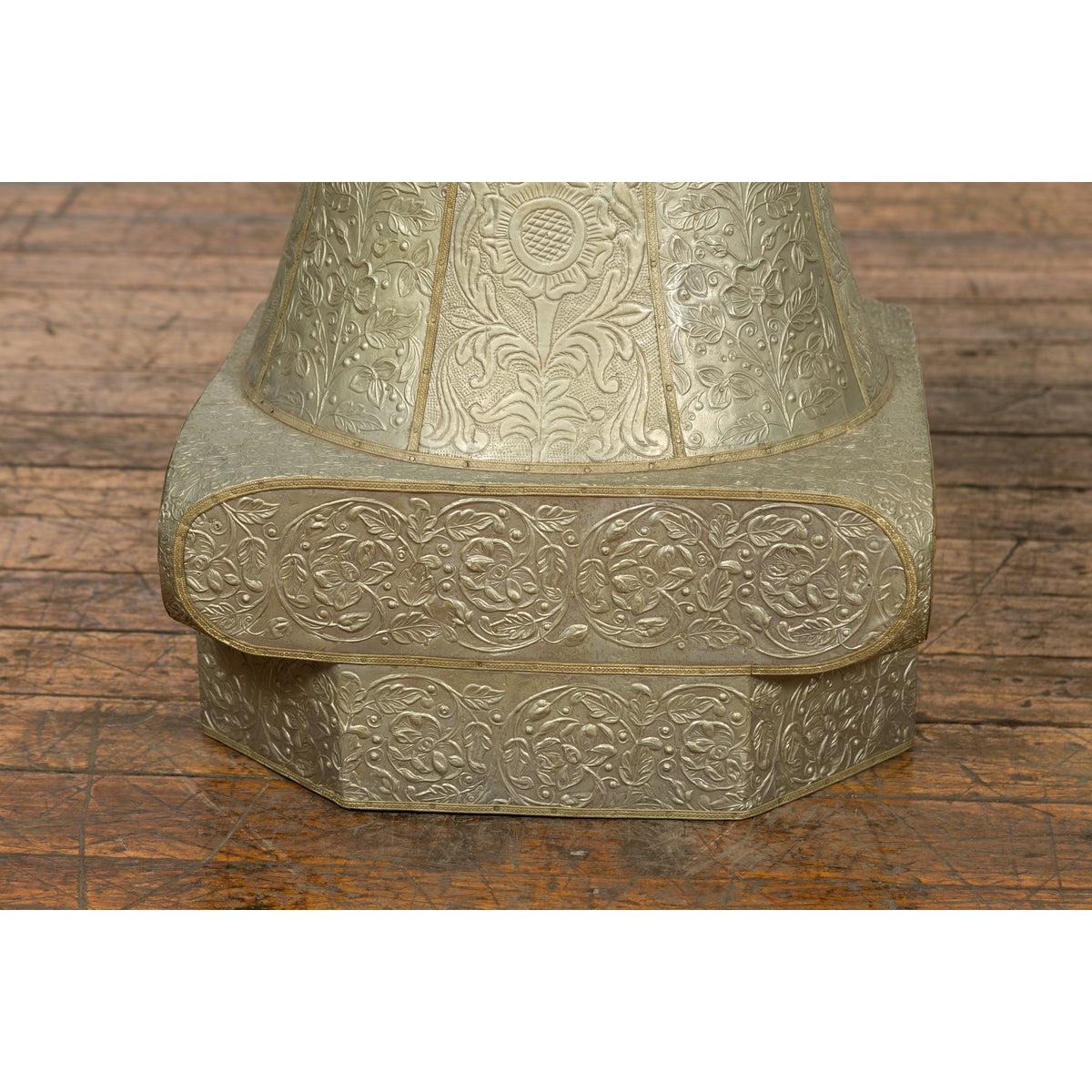Indian Antique Brass over Wood Capital Stand with Repoussé Floral Scrollwork-9. Asian & Chinese Furniture, Art, Antiques, Vintage Home Décor for sale at FEA Home