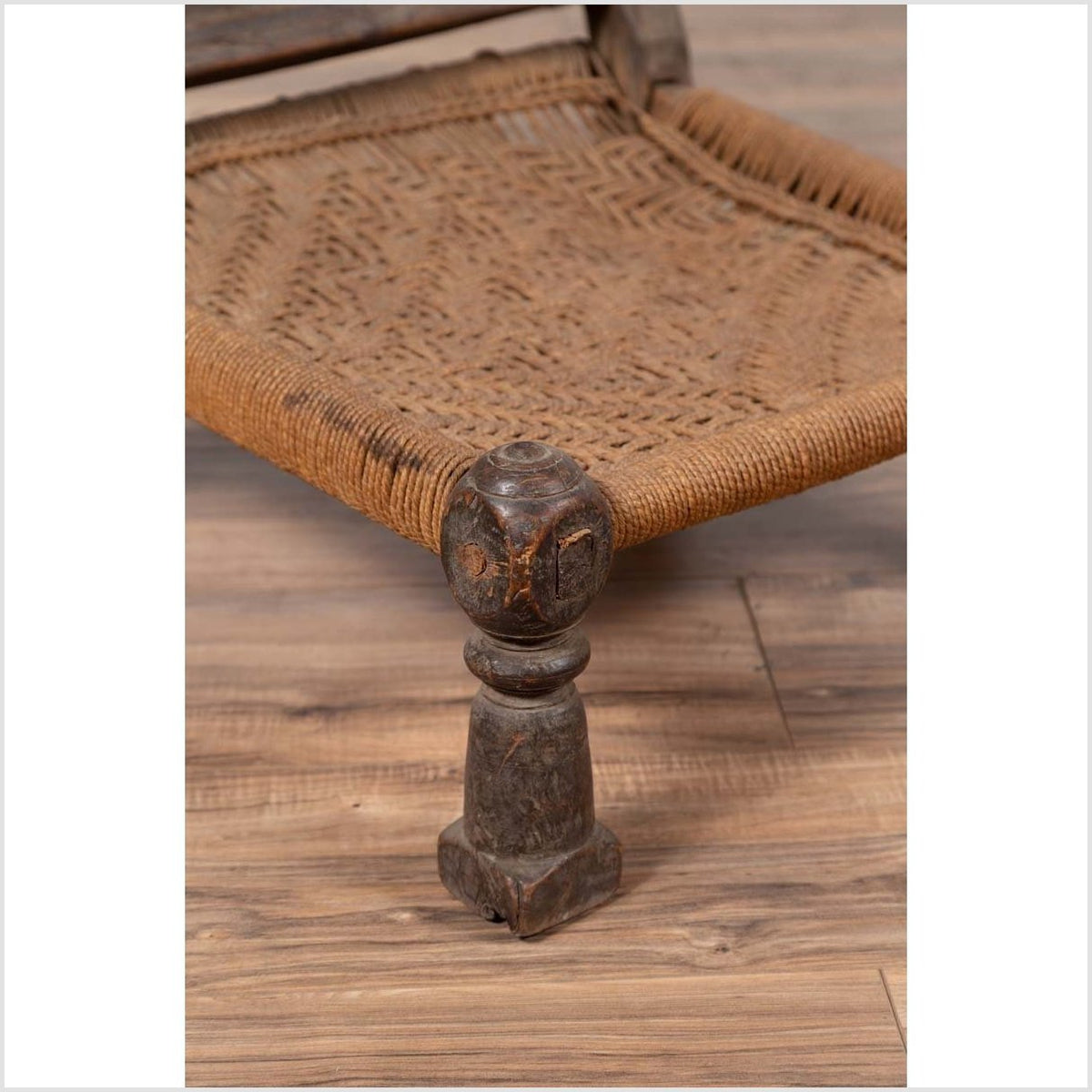 Indian Antique Rustic Low Seat Wooden Chair with Carved Rosettes and Rope Seat-11. Asian & Chinese Furniture, Art, Antiques, Vintage Home Décor for sale at FEA Home