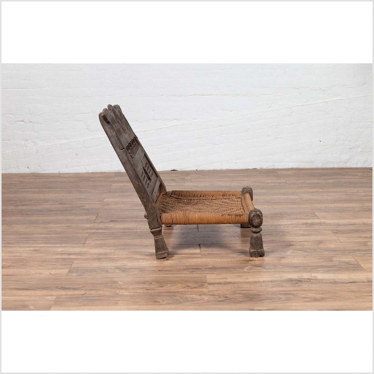 Indian Antique Rustic Low Seat Wooden Chair with Carved Rosettes and Rope Seat-14. Asian & Chinese Furniture, Art, Antiques, Vintage Home Décor for sale at FEA Home