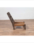 Indian Antique Rustic Low Seat Wooden Chair with Carved Rosettes and Rope Seat-14. Asian & Chinese Furniture, Art, Antiques, Vintage Home Décor for sale at FEA Home