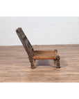 Indian Antique Rustic Low Seat Wooden Chair with Carved Rosettes and Rope Seat-14. Asian & Chinese Furniture, Art, Antiques, Vintage Home Décor for sale at FEA Home